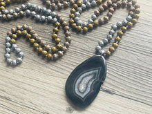 Load image into Gallery viewer, GemStone Chunky Statement Necklace, gray black agate slice gemstone necklace, long gem jewelry beaded metallic, gold jewelry pendant long