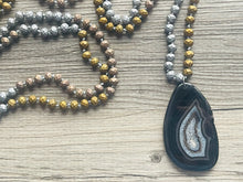 Load image into Gallery viewer, GemStone Chunky Statement Necklace, gray black agate slice gemstone necklace, long gem jewelry beaded metallic, gold jewelry pendant long