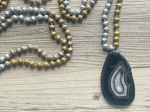 GemStone Chunky Statement Necklace, gray black agate slice gemstone necklace, long gem jewelry beaded metallic, gold jewelry pendant long