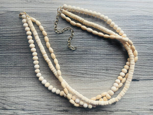 3 Strand Birch Wood untreated Beaded Necklace, tan Jewelry Chunky statement necklace, big beaded necklace jewelry, natural wood