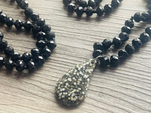 Load image into Gallery viewer, GemStone Chunky Statement Necklace, black Speckled agate gemstone necklace, long gem jewelry beaded metallic, silver jewelry pendant long