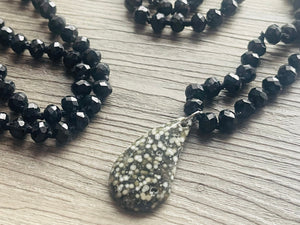 GemStone Chunky Statement Necklace, black Speckled agate gemstone necklace, long gem jewelry beaded metallic, silver jewelry pendant long