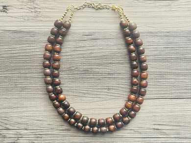 2 Strand Wood & Gold Beaded Necklace, brown Jewelry Chunky statement necklace, big beaded necklace jewelry, natural smooth wood