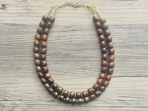 2 Strand Wood & Gold Beaded Necklace, brown Jewelry Chunky statement necklace, big beaded necklace jewelry, natural smooth wood