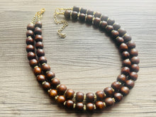 Load image into Gallery viewer, 2 Strand Wood &amp; Gold Beaded Necklace, brown Jewelry Chunky statement necklace, big beaded necklace jewelry, natural smooth wood