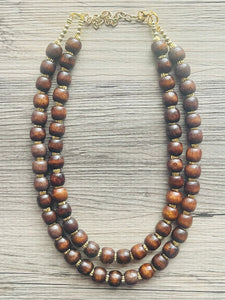 2 Strand Wood & Gold Beaded Necklace, brown Jewelry Chunky statement necklace, big beaded necklace jewelry, natural smooth wood