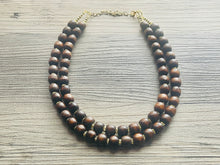 Load image into Gallery viewer, 2 Strand Wood &amp; Gold Beaded Necklace, brown Jewelry Chunky statement necklace, big beaded necklace jewelry, natural smooth wood