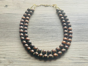 2 Strand Wood & Gold Beaded Necklace, brown Jewelry Chunky statement necklace, big beaded necklace jewelry, natural smooth wood