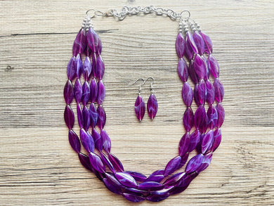 Grape Glam Sparkle Statement Necklace, Chunky 5 Strand Jewelry, purple necklace silver necklace, dark purple eggplant bib necklace