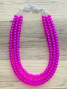 Neon Pink Day Glow 3 Strand Big Beaded Statement Necklace, pink Jewelry set, pink earrings, pink beaded necklace, bridesmaid magenta