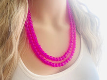 Load image into Gallery viewer, Neon Pink Day Glow 3 Strand Big Beaded Statement Necklace, pink Jewelry set, pink earrings, pink beaded necklace, bridesmaid magenta