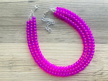 Load image into Gallery viewer, Neon Pink Day Glow 3 Strand Big Beaded Statement Necklace, pink Jewelry set, pink earrings, pink beaded necklace, bridesmaid magenta