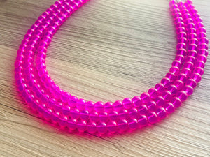 Neon Pink Day Glow 3 Strand Big Beaded Statement Necklace, pink Jewelry set, pink earrings, pink beaded necklace, bridesmaid magenta