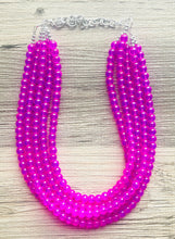 Load image into Gallery viewer, Neon Pink Day Glow 5 Strand Big Beaded Statement Necklace, pink Jewelry set, pink earrings, pink beaded necklace, bridesmaid magenta