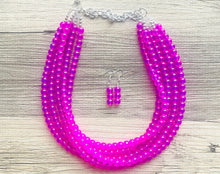 Load image into Gallery viewer, Neon Pink Day Glow 5 Strand Big Beaded Statement Necklace, pink Jewelry set, pink earrings, pink beaded necklace, bridesmaid magenta