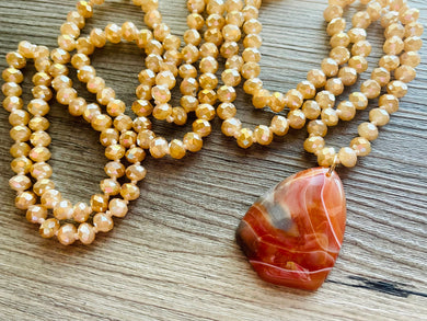 GemStone Chunky Statement Necklace, brown red striped gemstone necklace, long gem jewelry beaded necklace, agate jewelry pendant long