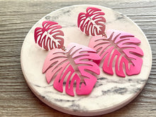 Load image into Gallery viewer, Blush Pink &amp; Hot Pink Tropical Teardrop earrings, pink earrings, metal painted Monstera leaf drop dangle palm tree jewelry