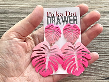 Load image into Gallery viewer, Blush Pink &amp; Hot Pink Tropical Teardrop earrings, pink earrings, metal painted Monstera leaf drop dangle palm tree jewelry