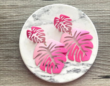 Load image into Gallery viewer, Blush Pink &amp; Hot Pink Tropical Teardrop earrings, pink earrings, metal painted Monstera leaf drop dangle palm tree jewelry