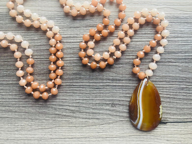 GemStone Chunky Statement Necklace, brown tan striped gemstone necklace, long gem jewelry beaded necklace, agate jewelry pendant long