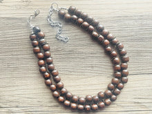 Load image into Gallery viewer, 2 Strand Wood &amp; Silver Beaded Necklace, brown Jewelry Chunky statement necklace, big beaded necklace jewelry, natural smooth wood