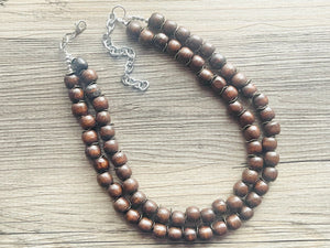 2 Strand Wood & Silver Beaded Necklace, brown Jewelry Chunky statement necklace, big beaded necklace jewelry, natural smooth wood