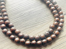 Load image into Gallery viewer, 2 Strand Wood &amp; Silver Beaded Necklace, brown Jewelry Chunky statement necklace, big beaded necklace jewelry, natural smooth wood