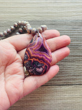 Load image into Gallery viewer, GemStone Chunky Statement Necklace, gray purple Dragon Vein striped gemstone necklace, long gem jewelry beaded agate jewelry pendant