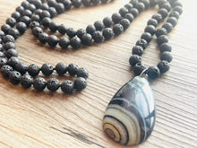 Load image into Gallery viewer, GemStone Chunky Statement Necklace, gray black lava stone striped gemstone necklace, long gem jewelry beaded agate jewelry pendant