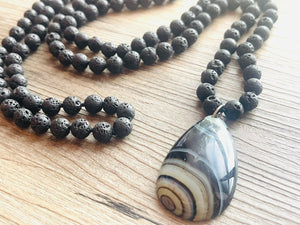 GemStone Chunky Statement Necklace, gray black lava stone striped gemstone necklace, long gem jewelry beaded agate jewelry pendant