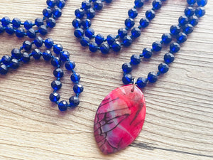 GemStone Chunky Statement Necklace, royal blue pink Dragon Vein striped gemstone necklace, long gem jewelry beaded agate jewelry pendant