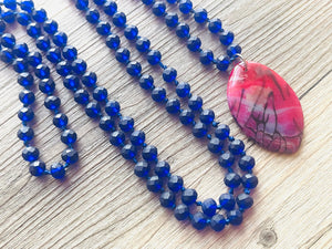 GemStone Chunky Statement Necklace, royal blue pink Dragon Vein striped gemstone necklace, long gem jewelry beaded agate jewelry pendant