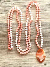 Load image into Gallery viewer, GemStone Chunky Statement Necklace, coral peach pink Dragon Vein striped gemstone necklace, long gem jewelry beaded agate jewelry pendant