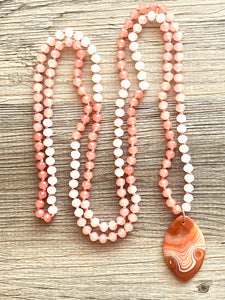 GemStone Chunky Statement Necklace, coral peach pink Dragon Vein striped gemstone necklace, long gem jewelry beaded agate jewelry pendant