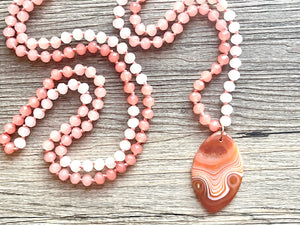 GemStone Chunky Statement Necklace, coral peach pink Dragon Vein striped gemstone necklace, long gem jewelry beaded agate jewelry pendant