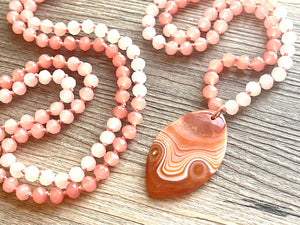 GemStone Chunky Statement Necklace, coral peach pink Dragon Vein striped gemstone necklace, long gem jewelry beaded agate jewelry pendant