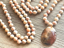 Load image into Gallery viewer, GemStone Chunky Statement Necklace, brown red striped gemstone necklace, long gem jewelry beaded necklace, agate jewelry pendant long