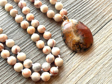 Load image into Gallery viewer, GemStone Chunky Statement Necklace, brown red striped gemstone necklace, long gem jewelry beaded necklace, agate jewelry pendant long