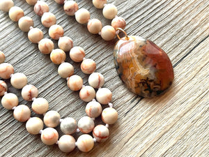 GemStone Chunky Statement Necklace, brown red striped gemstone necklace, long gem jewelry beaded necklace, agate jewelry pendant long