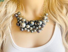 Load image into Gallery viewer, Gunmetal Gray + Silver Cluster Chunky statement necklace, gold necklace, wedding beaded necklace jewelry bridal mother of the bride