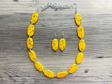 Paint splatter Yellow Necklace, Single Strand Statement Jewelry, Yellow Chunky bib bridesmaid everyday bubble jewelry earrings