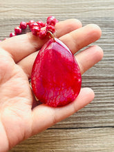 Load image into Gallery viewer, GemStone Chunky Statement Necklace, Red Pink Dragon Vein striped gemstone necklace, long gem jewelry beaded agate jewelry pendant