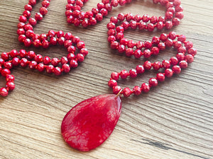 GemStone Chunky Statement Necklace, Red Pink Dragon Vein striped gemstone necklace, long gem jewelry beaded agate jewelry pendant