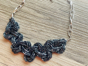 Gunmetal Gray Seed Bead Braided Necklace, statement bib necklace, silver & gray geometric jewelry, short bib necklace, layering necklace