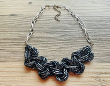 Load image into Gallery viewer, Gunmetal Gray Seed Bead Braided Necklace, statement bib necklace, silver &amp; gray geometric jewelry, short bib necklace, layering necklace