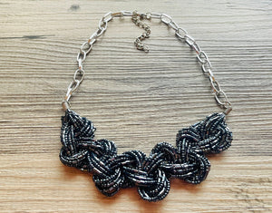 Gunmetal Gray Seed Bead Braided Necklace, statement bib necklace, silver & gray geometric jewelry, short bib necklace, layering necklace