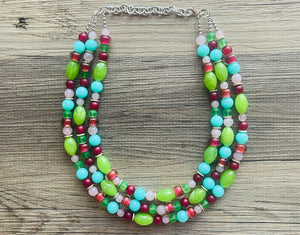 Watermelon picnic OOAK chunky beaded statement necklace, neon pink mint lime raspberry necklace jewelry, beaded vacation necklace