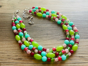 Watermelon picnic OOAK chunky beaded statement necklace, neon pink mint lime raspberry necklace jewelry, beaded vacation necklace