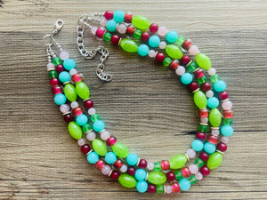 Watermelon picnic OOAK chunky beaded statement necklace, neon pink mint lime raspberry necklace jewelry, beaded vacation necklace