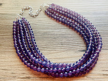 Load image into Gallery viewer, Grape Glass Sparkle Statement Necklace, Chunky 5 Strand Jewelry, purple necklace silver necklace, dark purple eggplant bib necklace